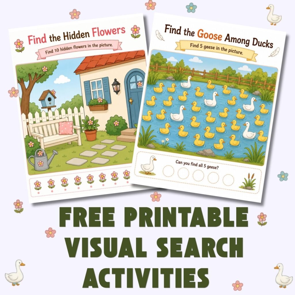 Cover image for free printable visual search activities featuring a hidden flowers worksheet and a goose among ducks search game.