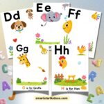Handprint alphabet activity sheets for kids – D is for Dog, E is for Elephant, F is for Fish, G is for Giraffe, H is for Hen