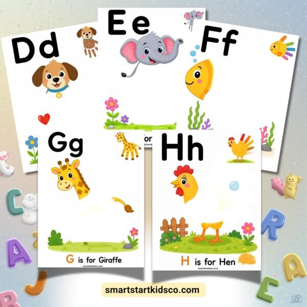 Handprint alphabet activity sheets for kids – D is for Dog, E is for Elephant, F is for Fish, G is for Giraffe, H is for Hen
