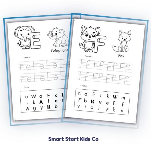Printable Animal Alphabet Worksheets preview featuring letters E and F with elephant and fox.