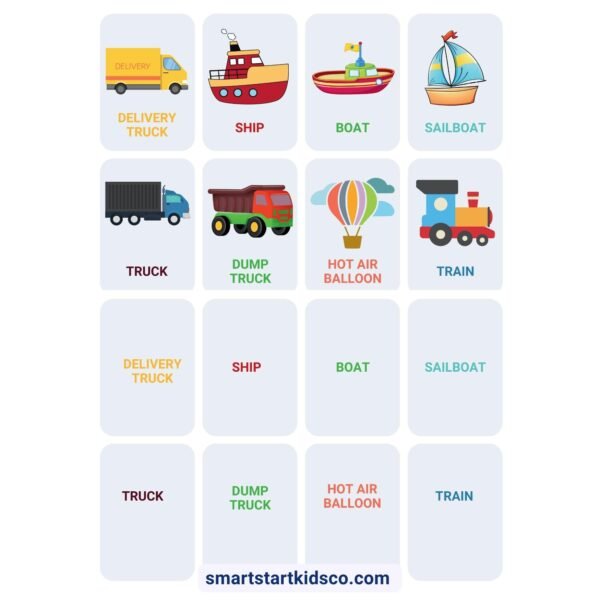 Transportation flashcards with boat, ship, sailboat, train, trucks and hot air balloon.
