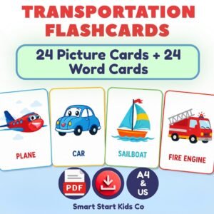 Transportation flashcards for kids with 24 picture cards and 24 matching word cards. Printable English vocabulary activity for preschool and kindergarten.