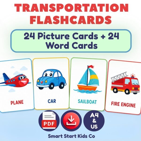 Transportation flashcards for kids with 24 picture cards and 24 matching word cards. Printable English vocabulary activity for preschool and kindergarten.