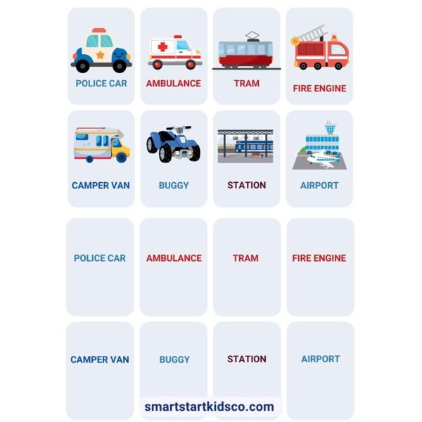 Printable transportation flashcards featuring police car, ambulance, tram, fire engine and other vehicles.