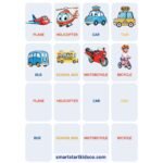 Transportation vocabulary flashcards with plane, helicopter, car, taxi, bus, bicycle and motorcycle.