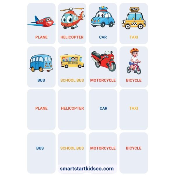 Transportation vocabulary flashcards with plane, helicopter, car, taxi, bus, bicycle and motorcycle.