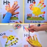 Alphabet handprint animal crafts for preschool and kindergarten kids featuring letter H hen, letter G giraffe, and step-by-step handprint art activities.