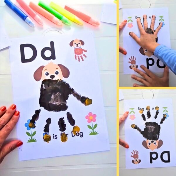 Alphabet handprint dog craft activity for preschool and kindergarten children showing letter D worksheet and step-by-step handprint creation process.