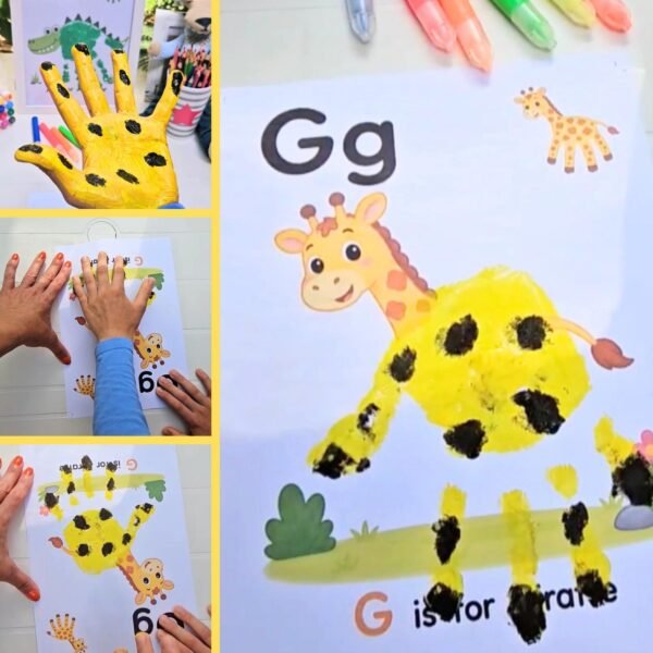 Letter G handprint giraffe alphabet activity for preschool and kindergarten kids with animal-themed alphabet learning worksheet.