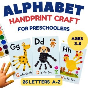 Alphabet Handprint Animals printable set with 26 letter crafts for preschool and kindergarten children.