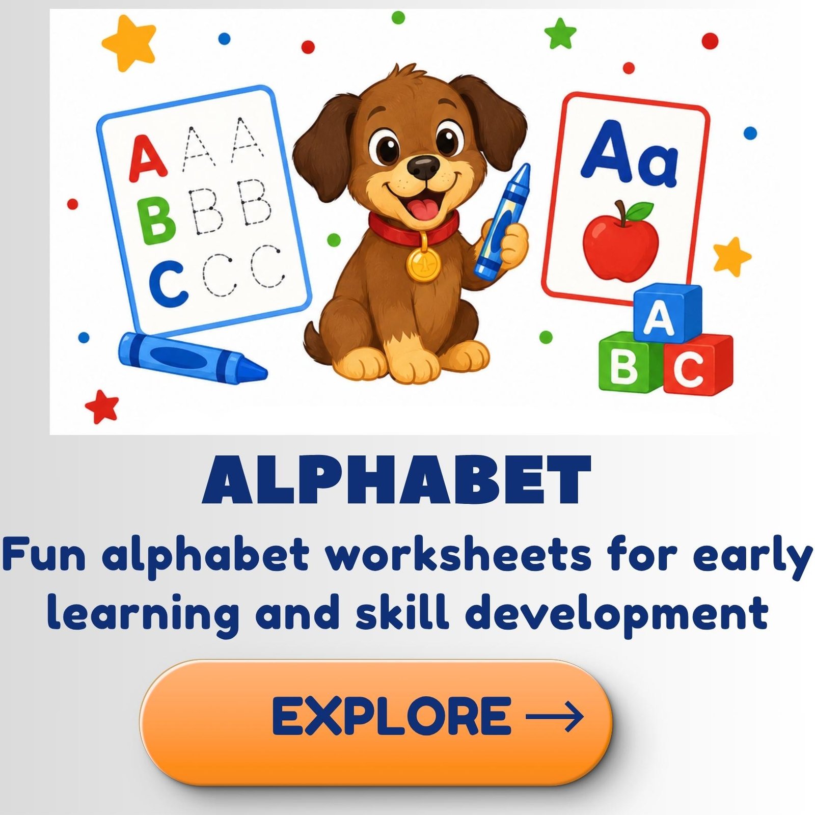 Alphabet learning category featuring a cute puppy, alphabet letters, tracing practice, letter cards, and early literacy activities for preschool and kindergarten children.