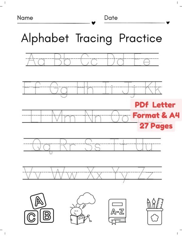 Printable Alphabet Tracing Worksheets A-Z PDF for Preschool, Pre-K and Kindergarten Handwriting Practice