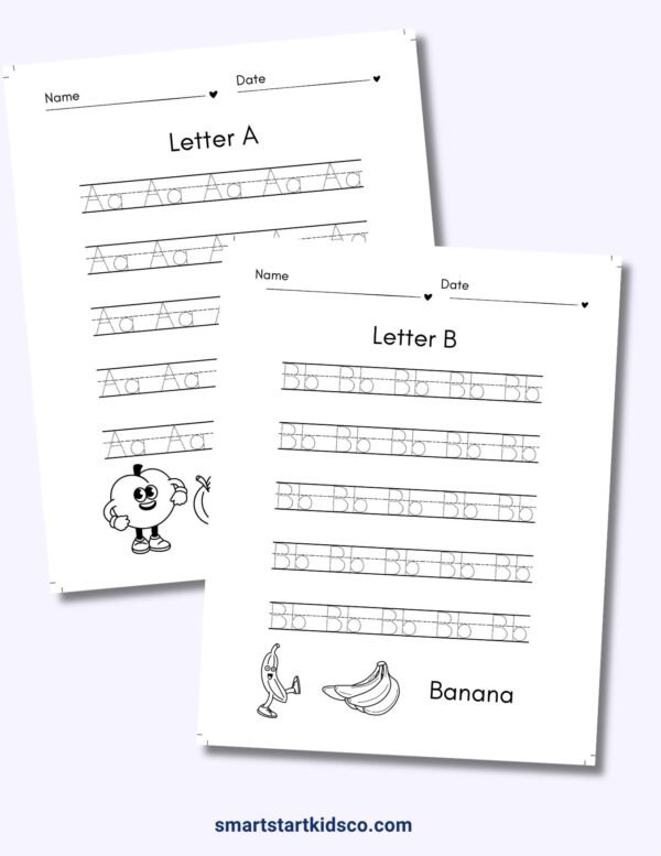 Printable alphabet tracing worksheets featuring letters A and B with uppercase and lowercase handwriting practice for preschool and kindergarten children.