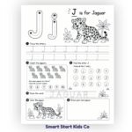 Animal Alphabet Worksheet J is for Jaguar with letter tracing, counting and beginning sounds