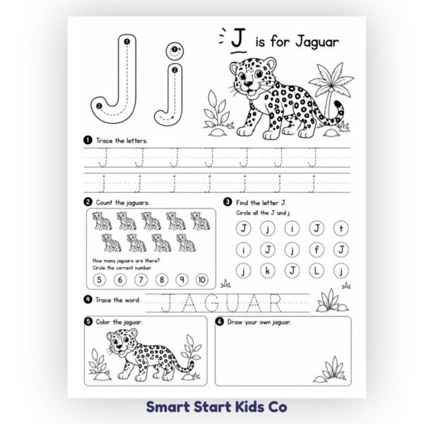 Animal Alphabet Worksheet J is for Jaguar with letter tracing, counting and beginning sounds