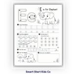 Animal Alphabet Worksheet E is for Elephant with letter tracing, counting and beginning sounds