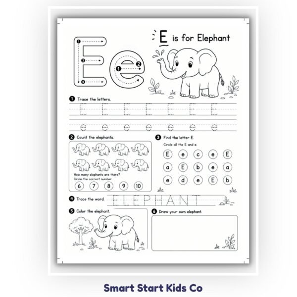 Animal Alphabet Worksheet E is for Elephant with letter tracing, counting and beginning sounds
