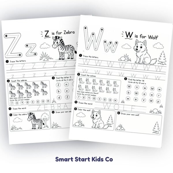 Animal Alphabet Worksheets featuring W is for Wolf and Z is for Zebra with letter tracing and beginning sounds