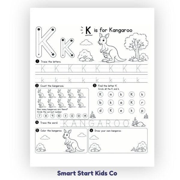 Animal Alphabet Worksheet K is for Kangaroo with letter tracing, counting and beginning sounds