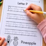Child tracing the letter P with a pencil on a printable alphabet tracing worksheet for preschool handwriting practice