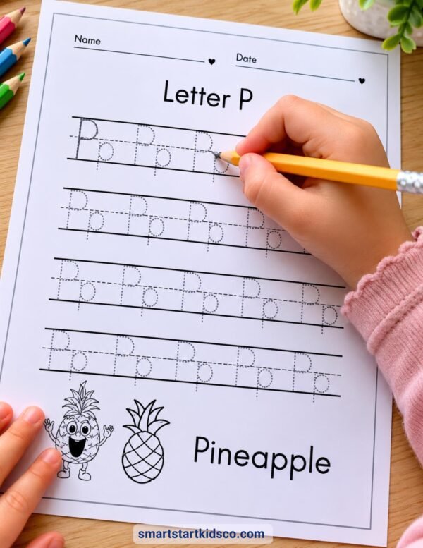 Child tracing the letter P with a pencil on a printable alphabet tracing worksheet for preschool handwriting practice
