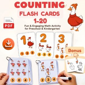 Counting Flash Cards 1-20 printable PDF with number matching activities and 2 bonus goose coloring pages for preschool and kindergarten.