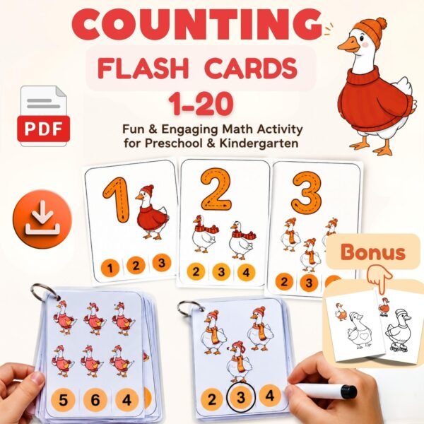 Counting Flash Cards 1-20 printable PDF with number matching activities and 2 bonus goose coloring pages for preschool and kindergarten.