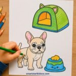 Cute dog coloring worksheet with a child coloring a puppy, pet tent, and dog bowl.