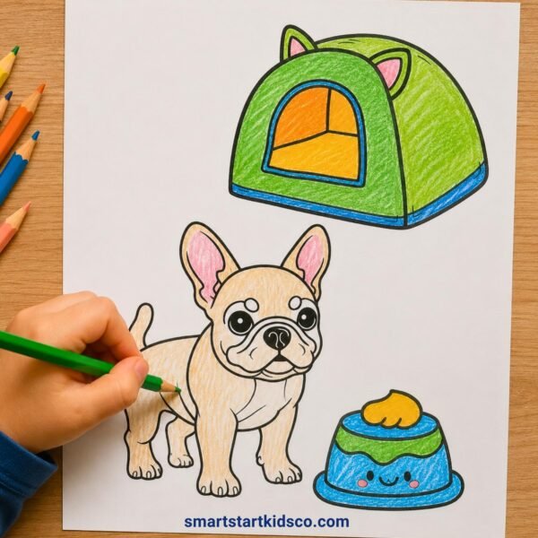 Cute dog coloring worksheet with a child coloring a puppy, pet tent, and dog bowl.