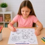 Girl coloring a dog-themed printable coloring page for kids at a table.