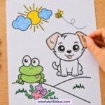 Dog coloring page for kids ages 3–6 with a puppy, frog, bee, flowers, and a child coloring the dog's ear.