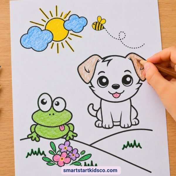 Dog coloring page for kids ages 3–6 with a puppy, frog, bee, flowers, and a child coloring the dog's ear.