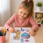 Girl coloring cute dog printable worksheet with pencils, ages 3-6