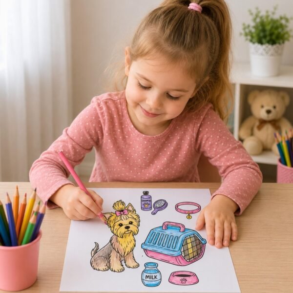 Girl coloring cute dog printable worksheet with pencils, ages 3-6