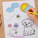 Child coloring a cute dog worksheet with flowers and bird, ages 3-6