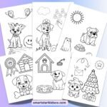 Dog coloring worksheets for kindergarten featuring puppies, dog houses, pets, and simple printable coloring activities.