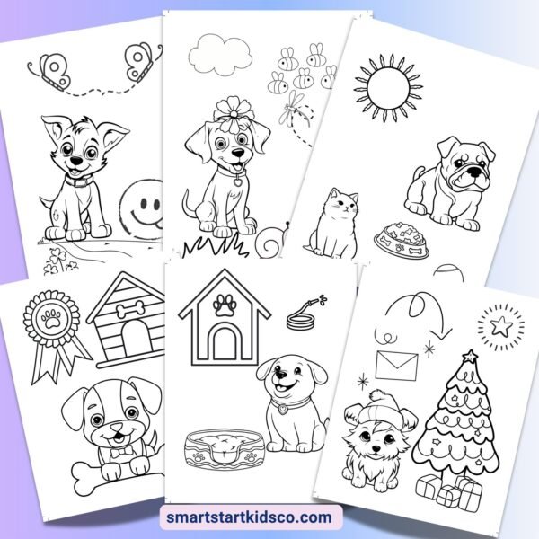 Dog coloring worksheets for kindergarten featuring puppies, dog houses, pets, and simple printable coloring activities.