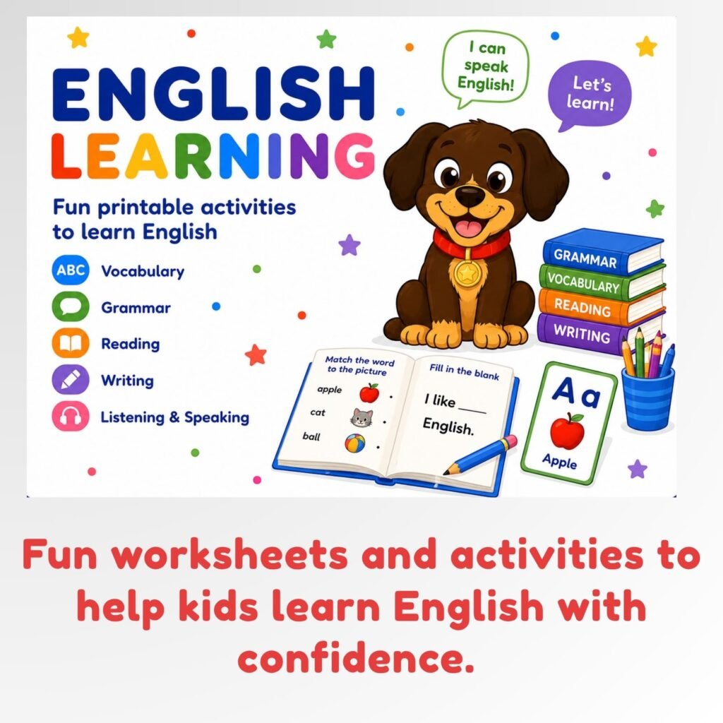 English learning worksheets and printable activities for kids including vocabulary, letter tracing, reading, and alphabet practice.