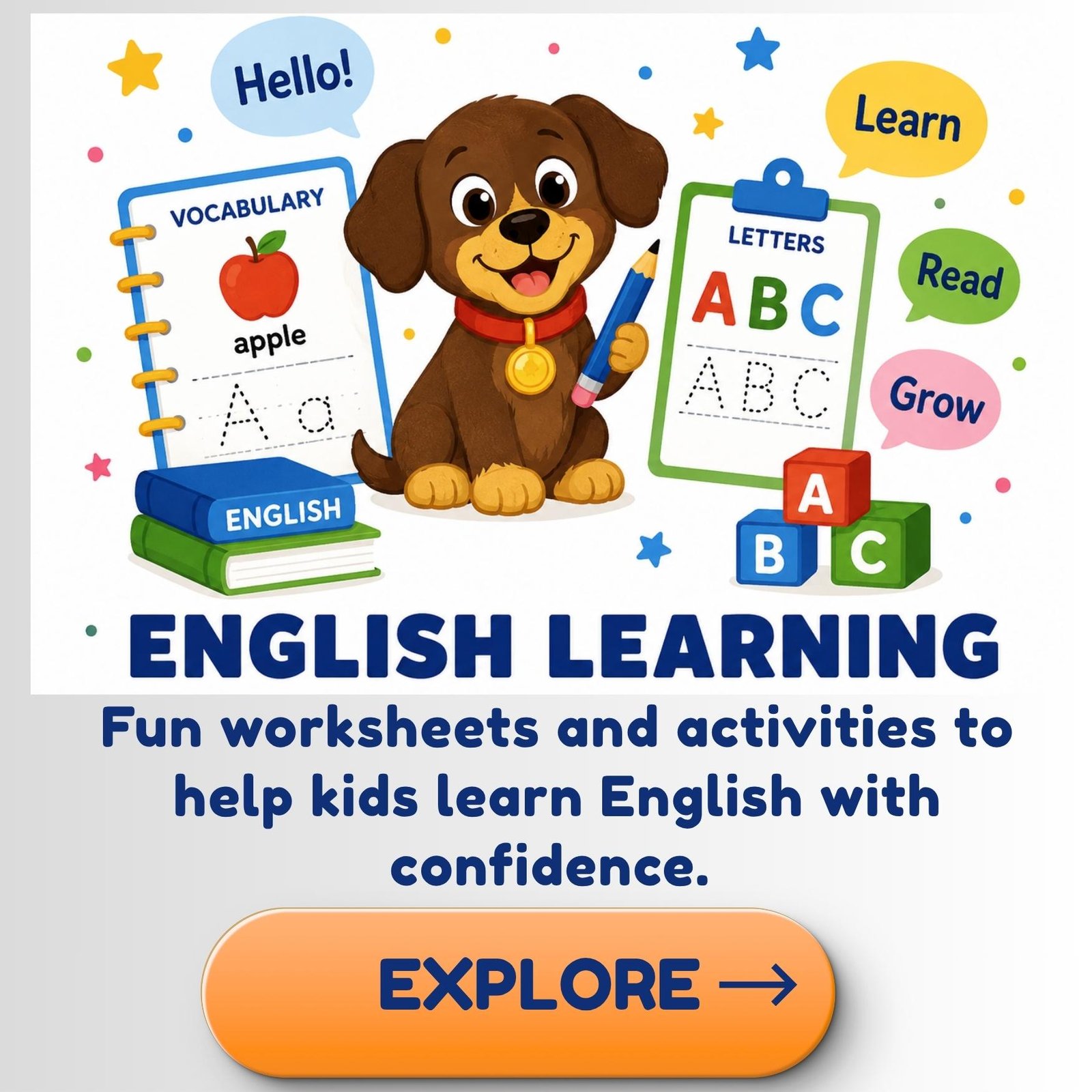 English learning worksheets and printable activities for kids including vocabulary, letter tracing, reading, and alphabet practice.