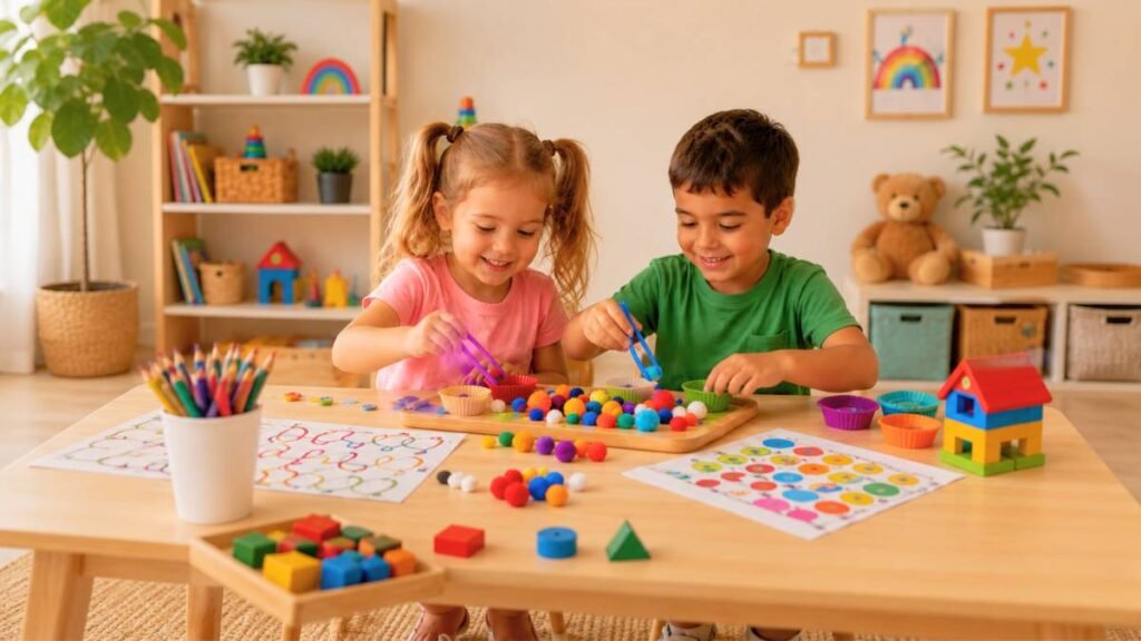 Children practicing fine motor activities at home with colorful learning materials