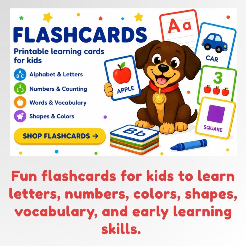 Printable flashcards for kids featuring alphabet, numbers, vocabulary, shapes and colors learning cards