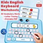 Kids English keyboard worksheets with vocabulary words and letter tracing printable PDF for preschool and kindergarten