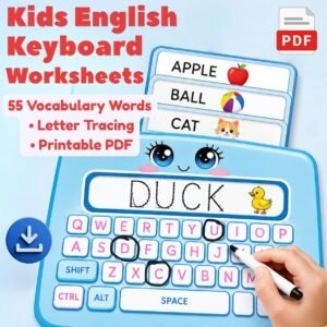 Kids English keyboard worksheets with vocabulary words and letter tracing printable PDF for preschool and kindergarten