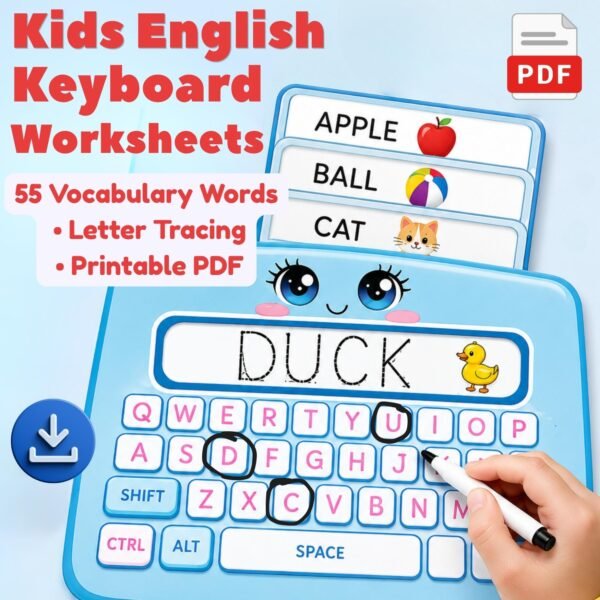 Kids English keyboard worksheets with vocabulary words and letter tracing printable PDF for preschool and kindergarten