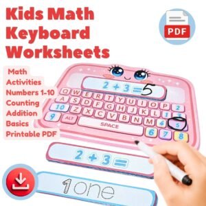 Printable math keyboard worksheet for kids with number tracing, counting, simple addition, and word tracing activities. Preschool and kindergarten PDF printable.