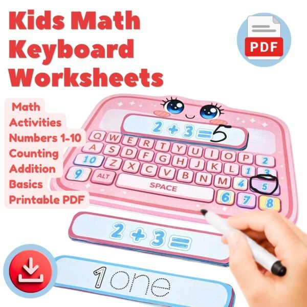 Printable math keyboard worksheet for kids with number tracing, counting, simple addition, and word tracing activities. Preschool and kindergarten PDF printable.
