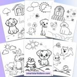 Printable dog coloring sheets for preschool kids featuring puppies, animals, nature scenes, and simple coloring activities.