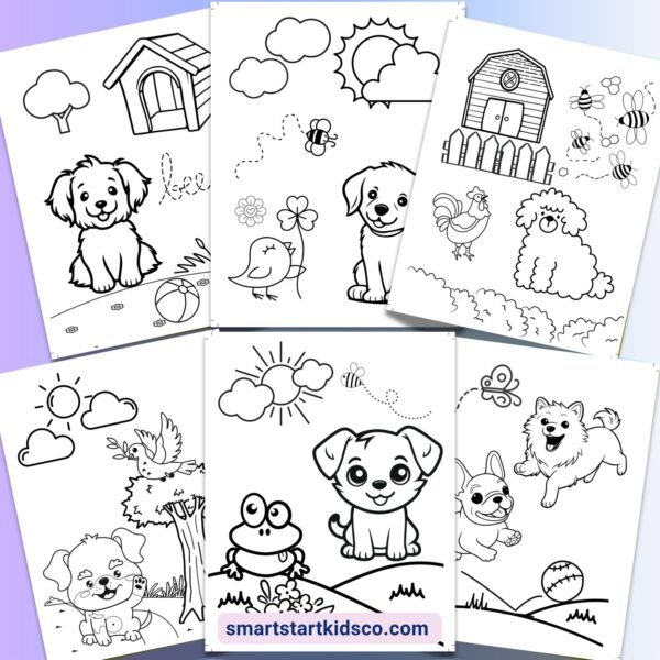Printable dog coloring sheets for preschool kids featuring puppies, animals, nature scenes, and simple coloring activities.