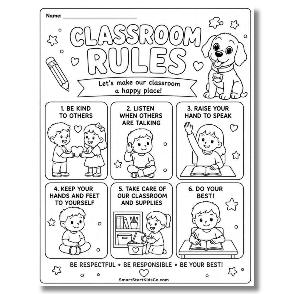 Free classroom rules coloring worksheet for preschool and kindergarten with six classroom behavior rules.
