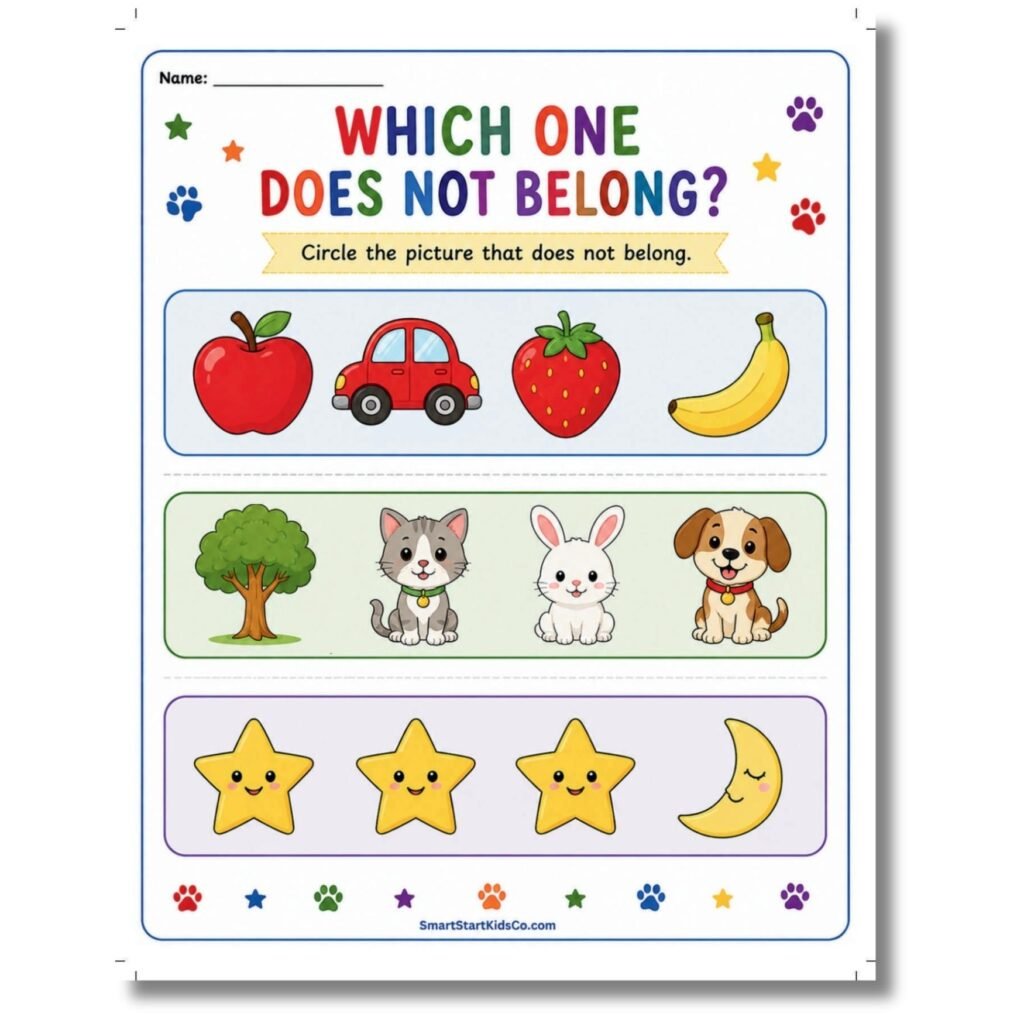 Free printable Which One Does Not Belong? preschool critical thinking worksheet with picture categories.